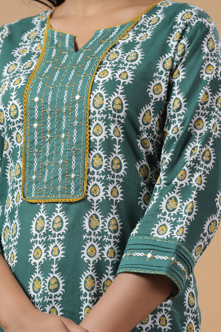 Teal Green Cotton Printed Embellished Kurta Pant Set With Dupatta
