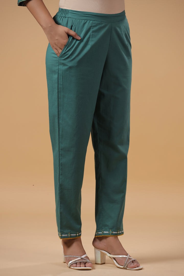 Teal Green Cotton Printed Embellished Kurta Pant Set With Dupatta