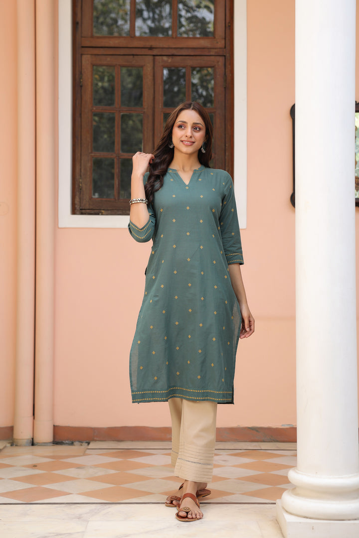 Green Cotton yarn dyed Straight Kurta