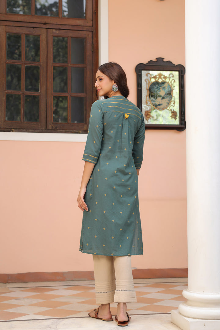 Green Cotton yarn dyed Straight Kurta