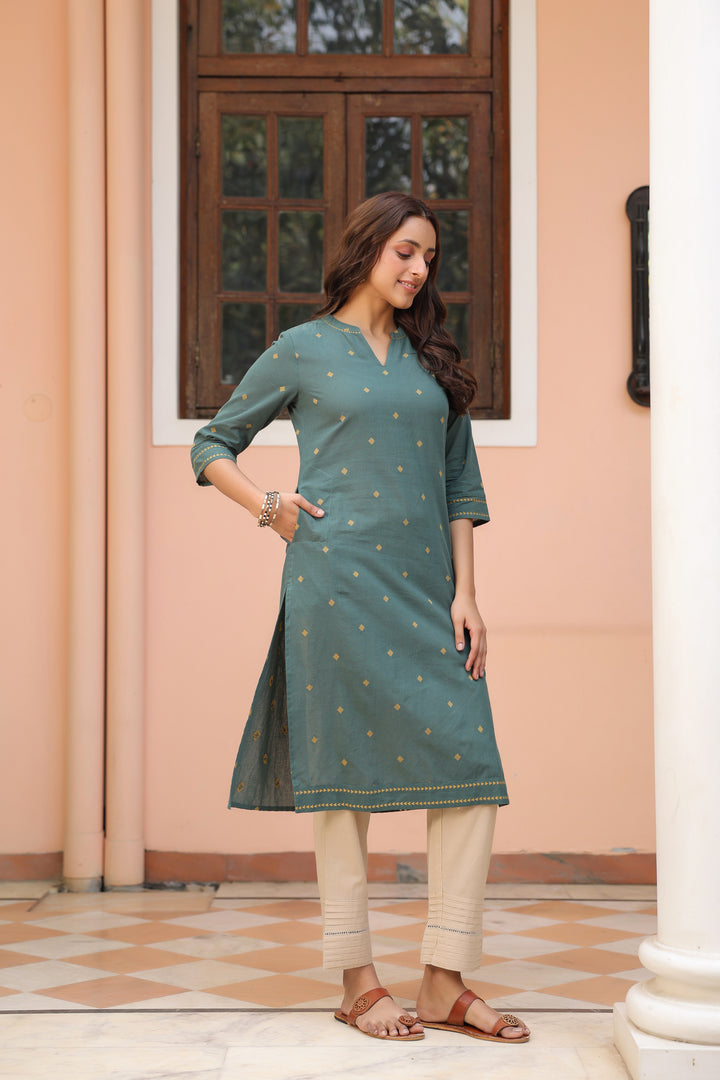 Green Cotton yarn dyed Straight Kurta