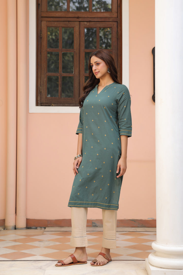 Green Cotton yarn dyed Straight Kurta