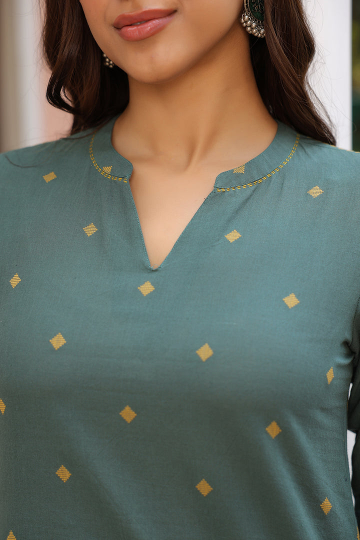 Green Cotton yarn dyed Straight Kurta