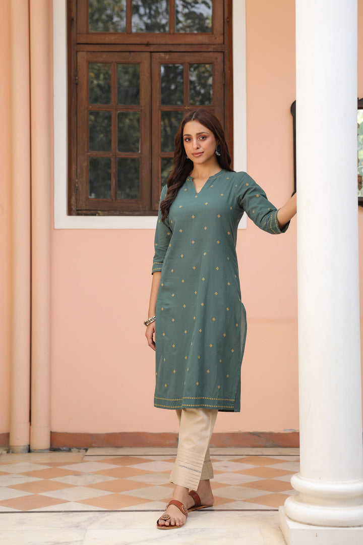 Green Cotton yarn dyed Straight Kurta