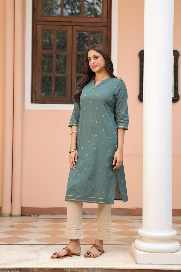 Green Cotton yarn dyed Straight Kurta