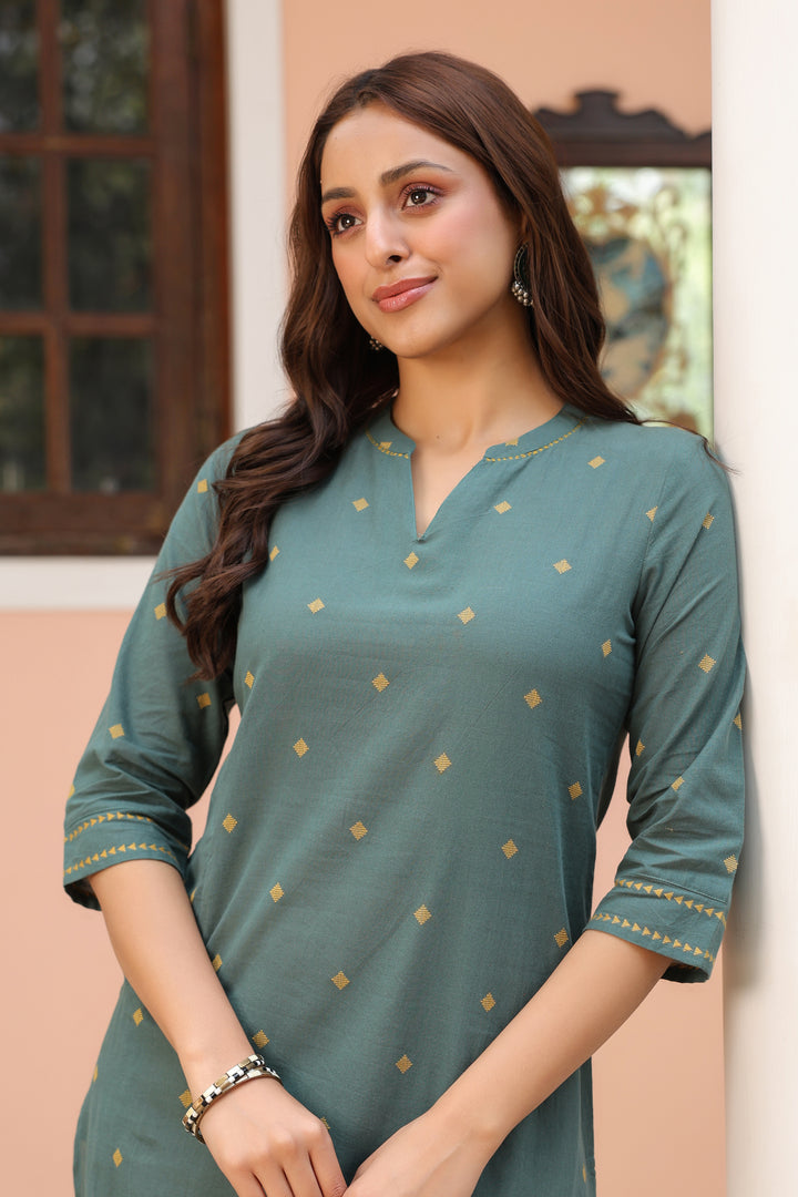 Green Cotton yarn dyed Straight Kurta