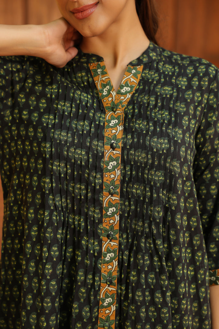 Green Cotton Printed Detailed A-Line Designer Kurta