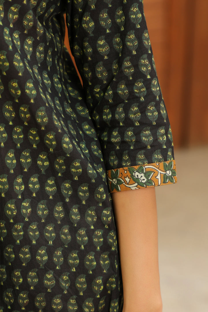 Green Cotton Printed Detailed A-Line Designer Kurta