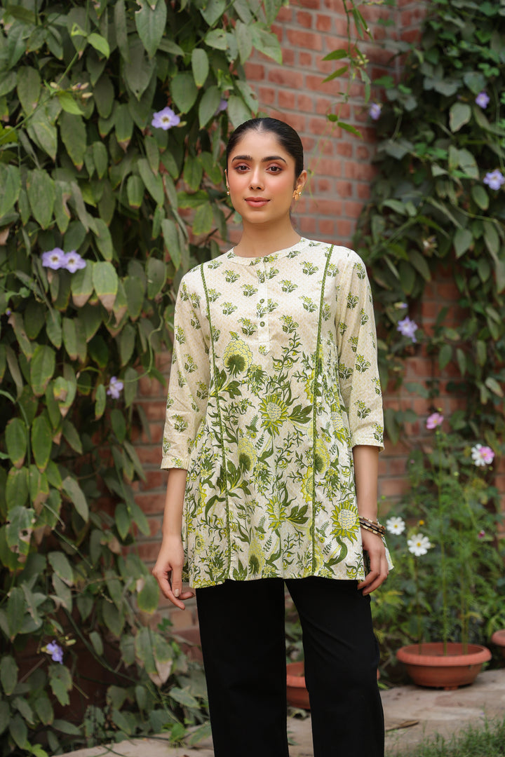 Green Cotton Floral Printed Top