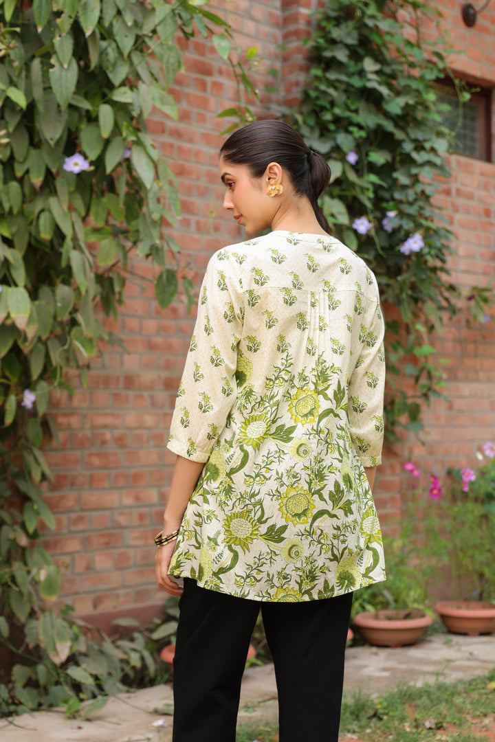 Green Cotton Floral Printed Top
