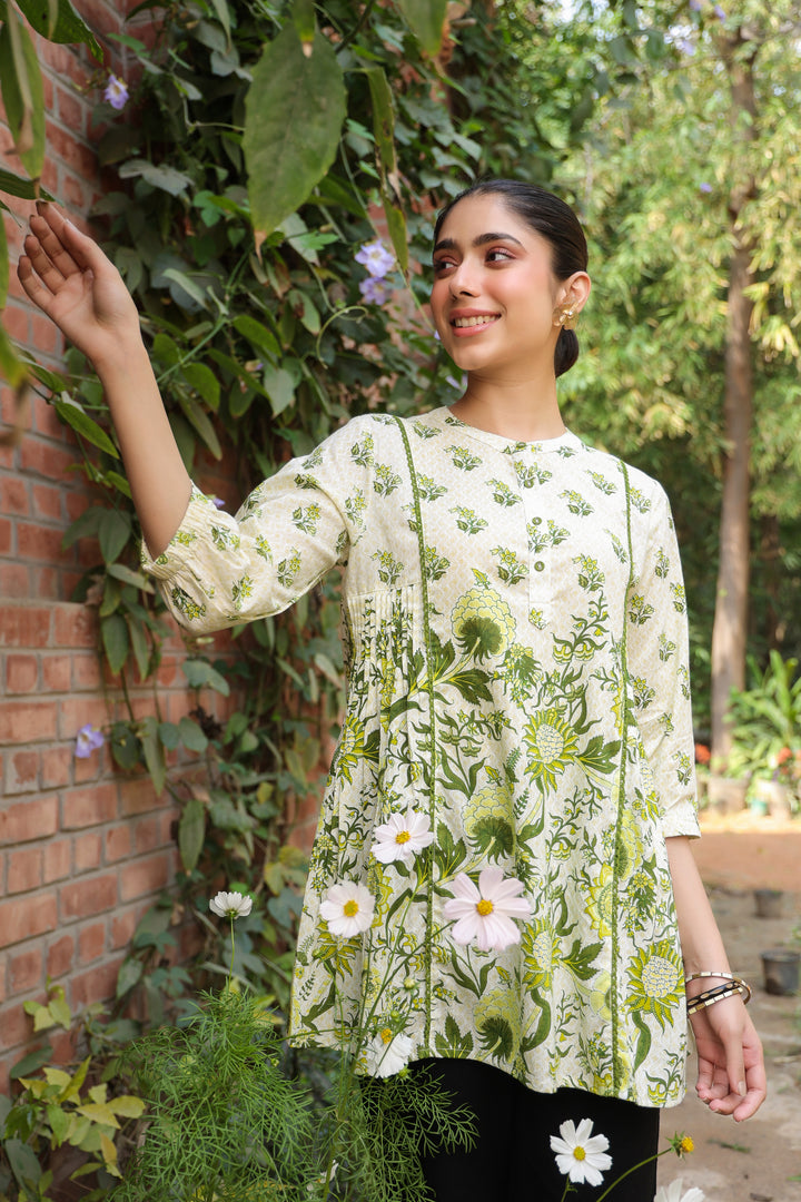 Green Cotton Floral Printed Top