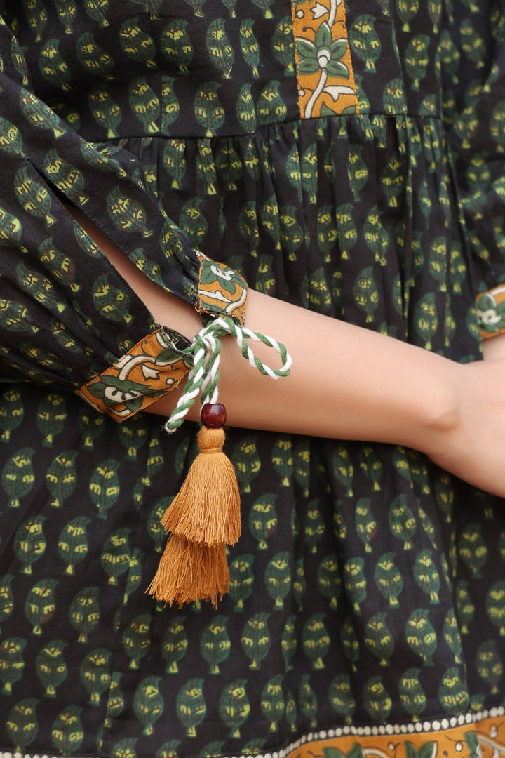 Green Cotton Printed A-Line Designer Top