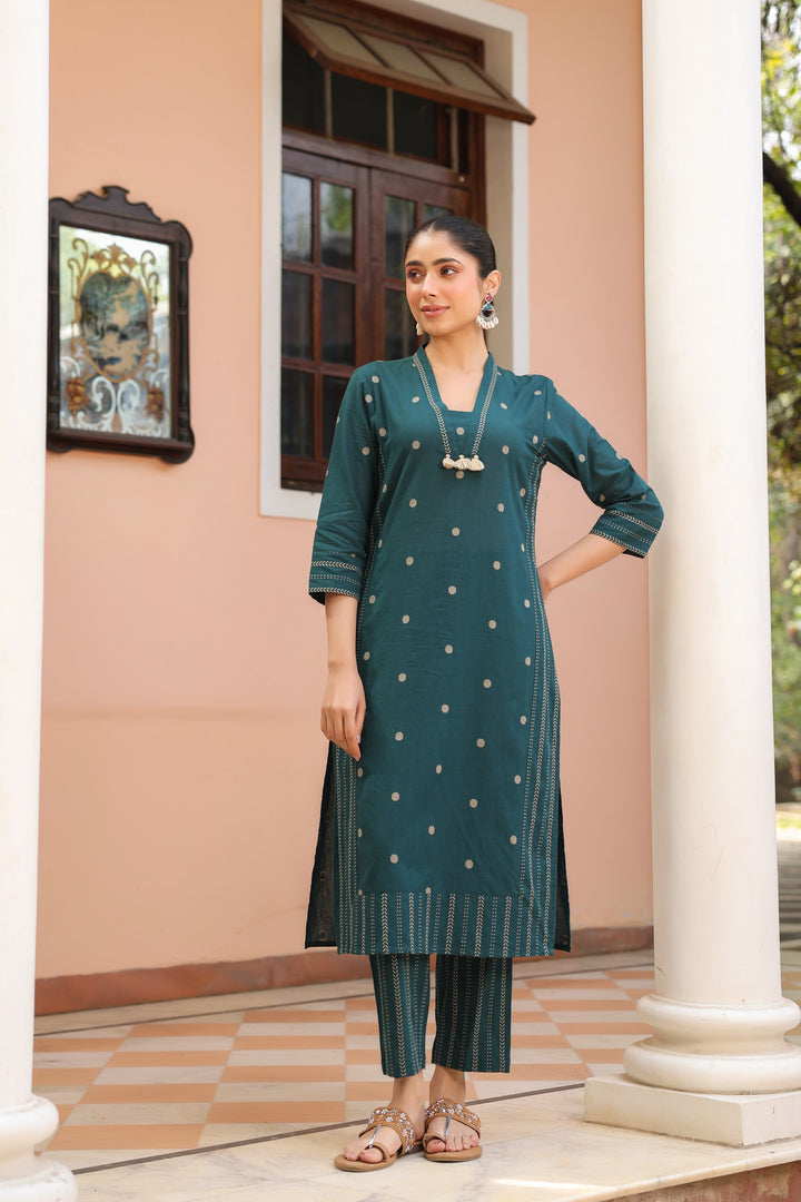 Green Cotton Printed Kurta Pant Set