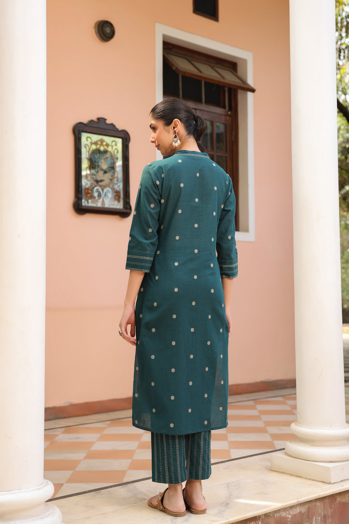 Green Cotton Printed Kurta Pant Set