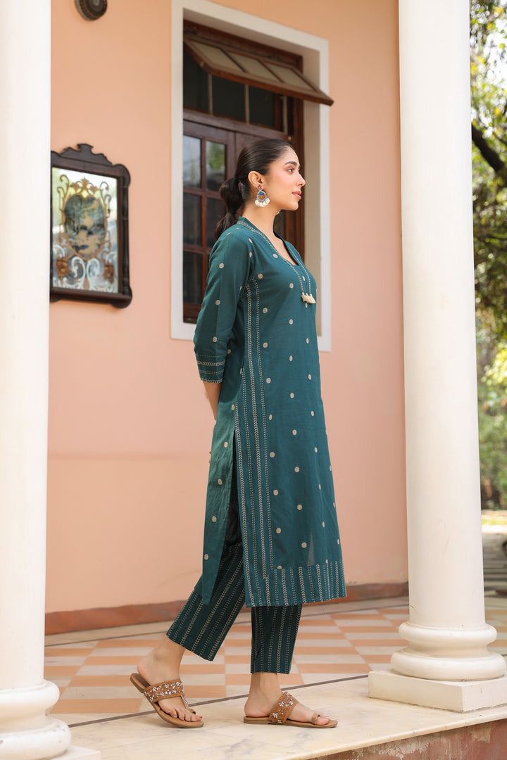 Green Cotton Printed Kurta Pant Set
