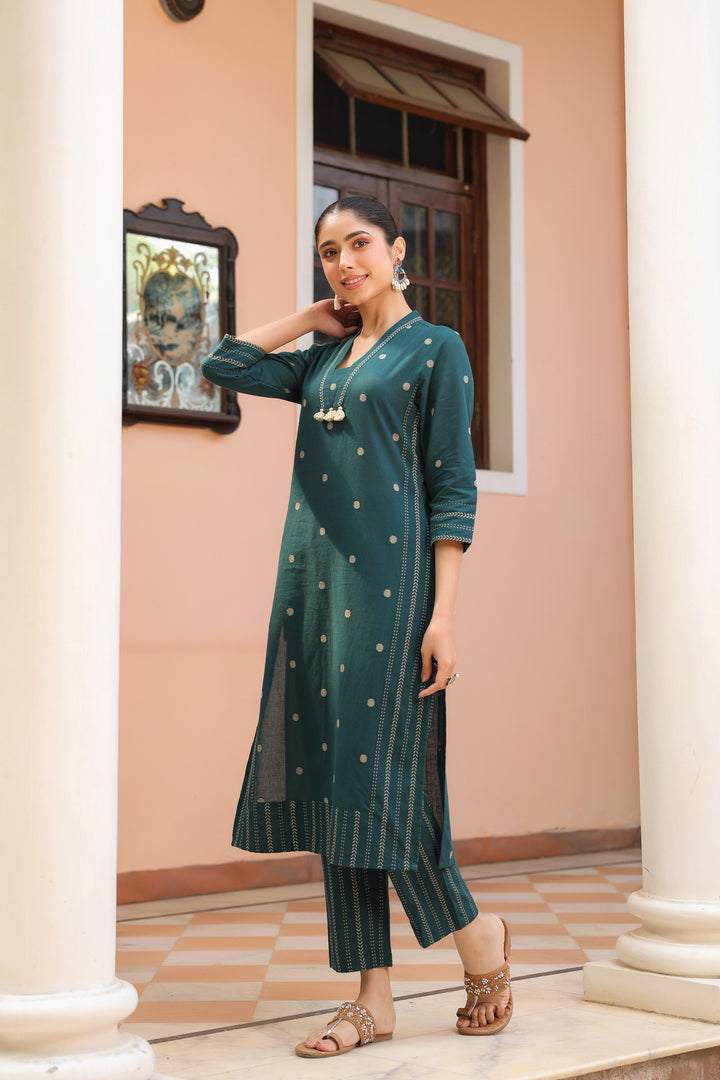 Green Cotton Printed Kurta Pant Set