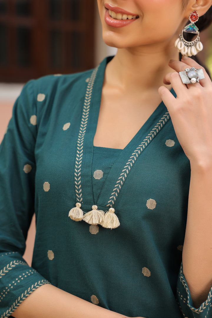 Green Cotton Printed Kurta Pant Set