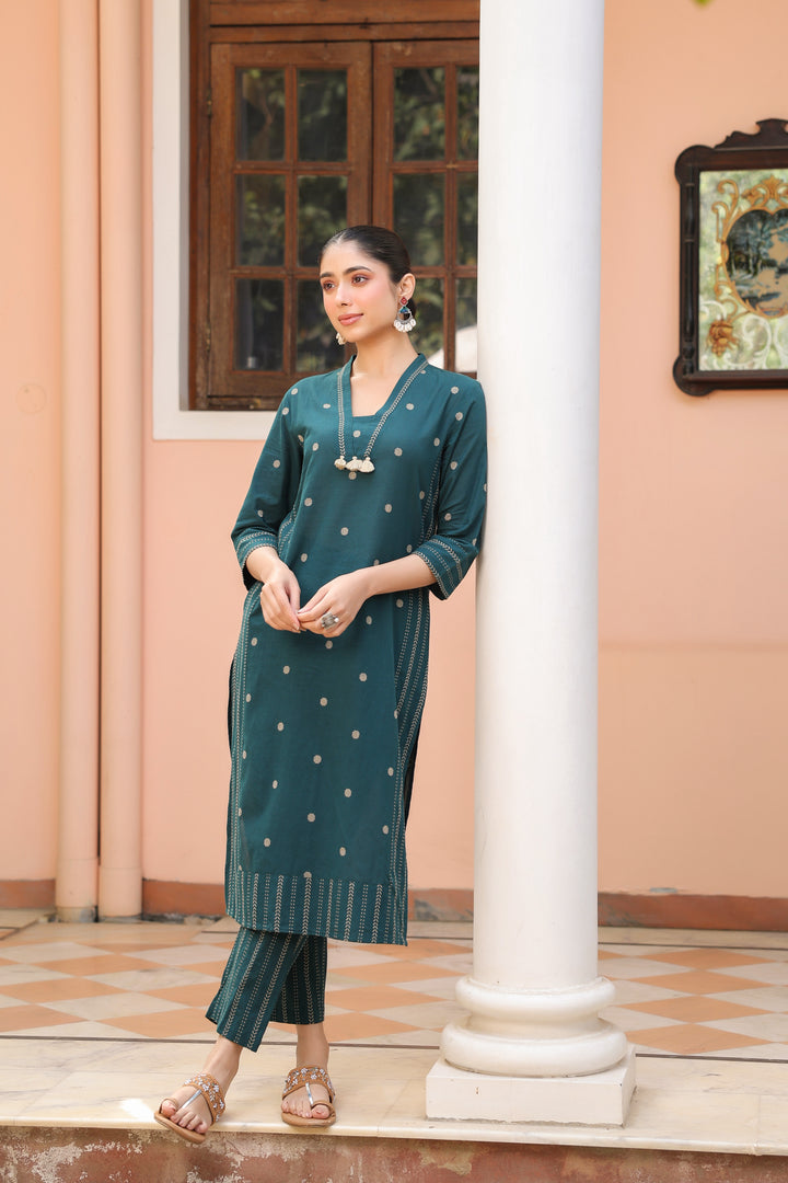 Green Cotton Printed Kurta Pant Set