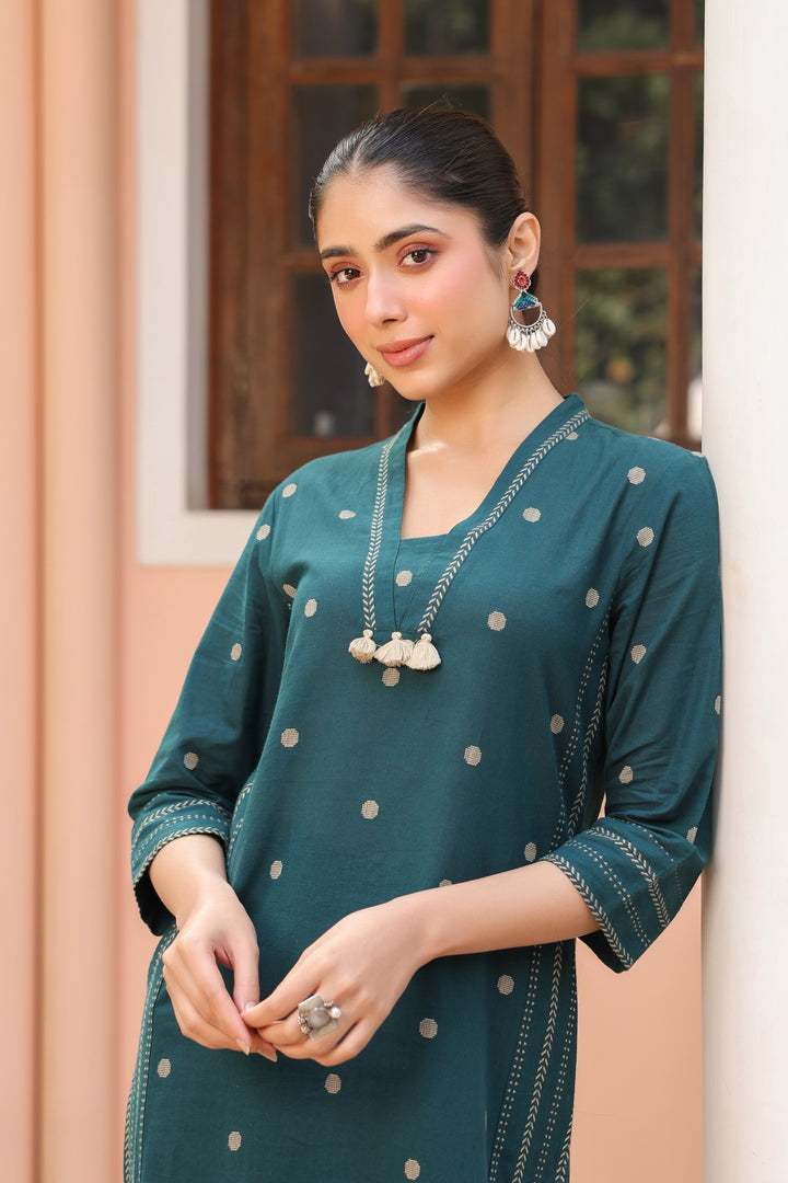 Green Cotton Printed Kurta Pant Set