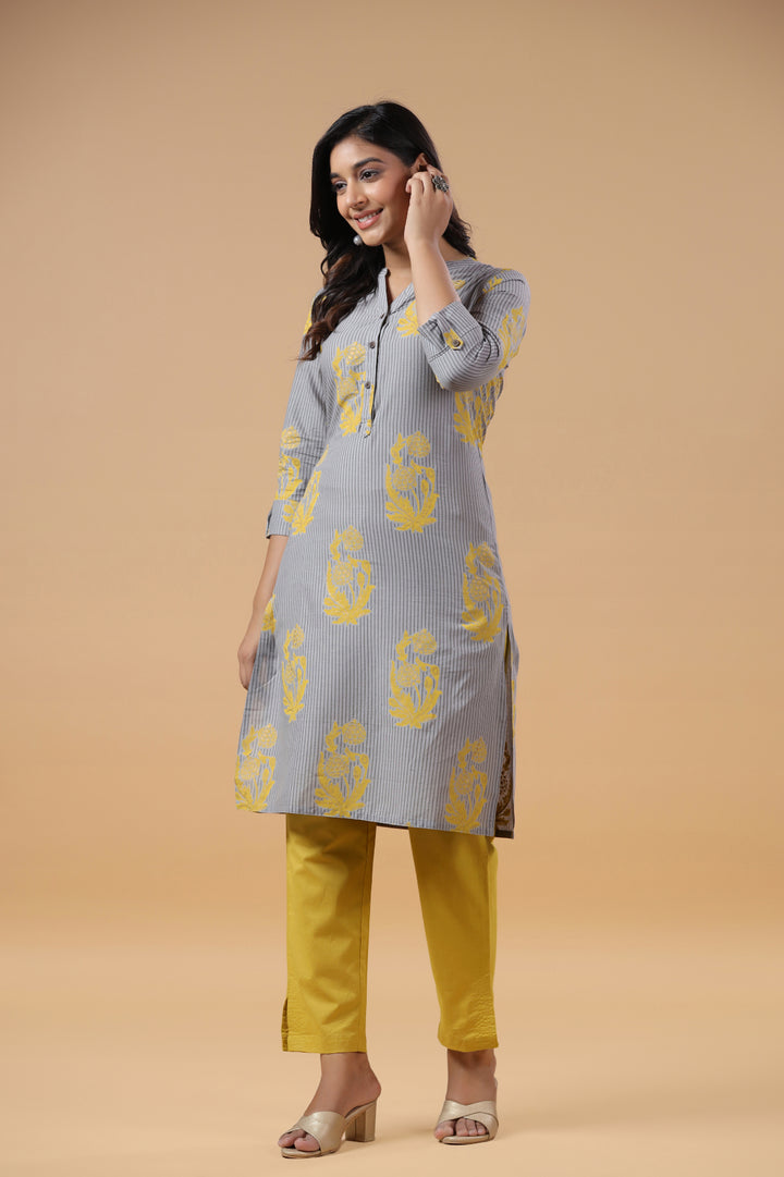 Grey Cotton Printed Mandarin Collar Kurta Pant Set