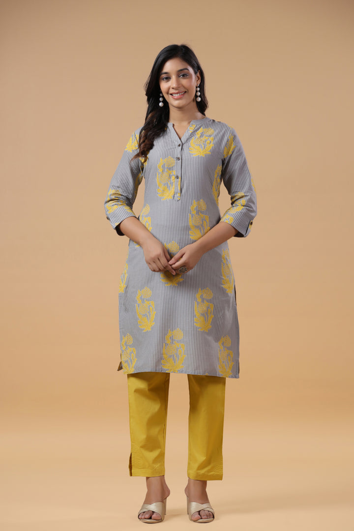 Grey Cotton Printed Mandarin Collar Kurta Pant Set
