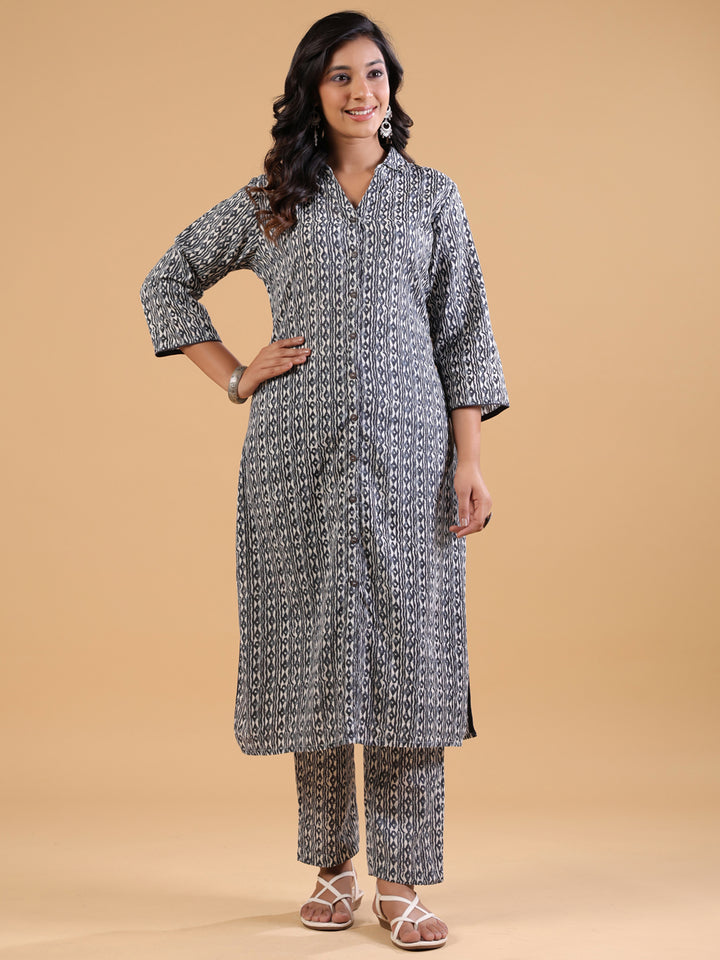 Grey Cotton Printed Shirt Collar Kurta Pant Set