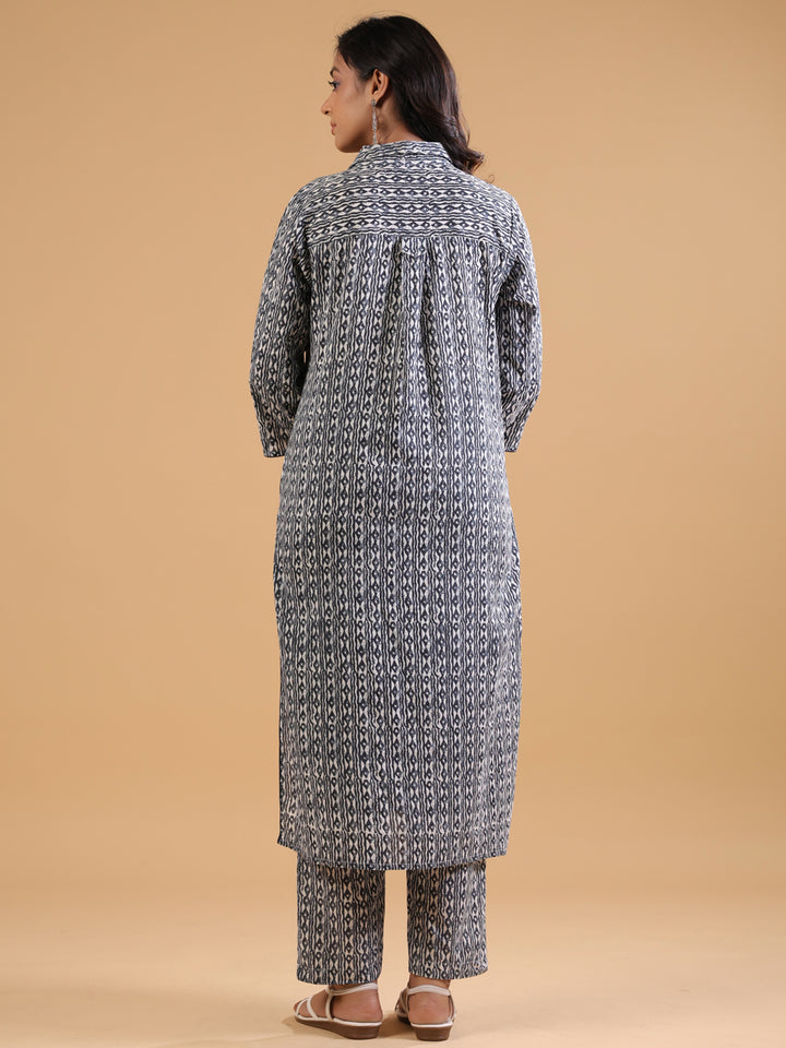 Grey Cotton Printed Shirt Collar Kurta Pant Set