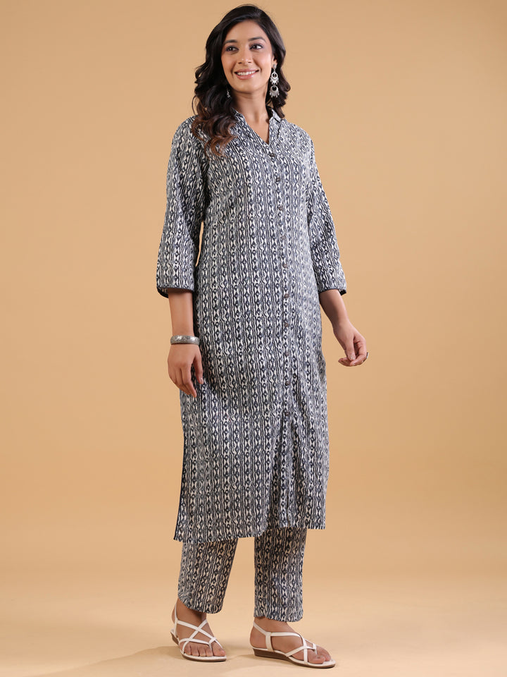 Grey Cotton Printed Shirt Collar Kurta Pant Set
