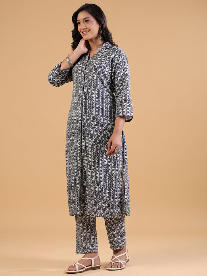 Grey Cotton Printed Shirt Collar Kurta Pant Set
