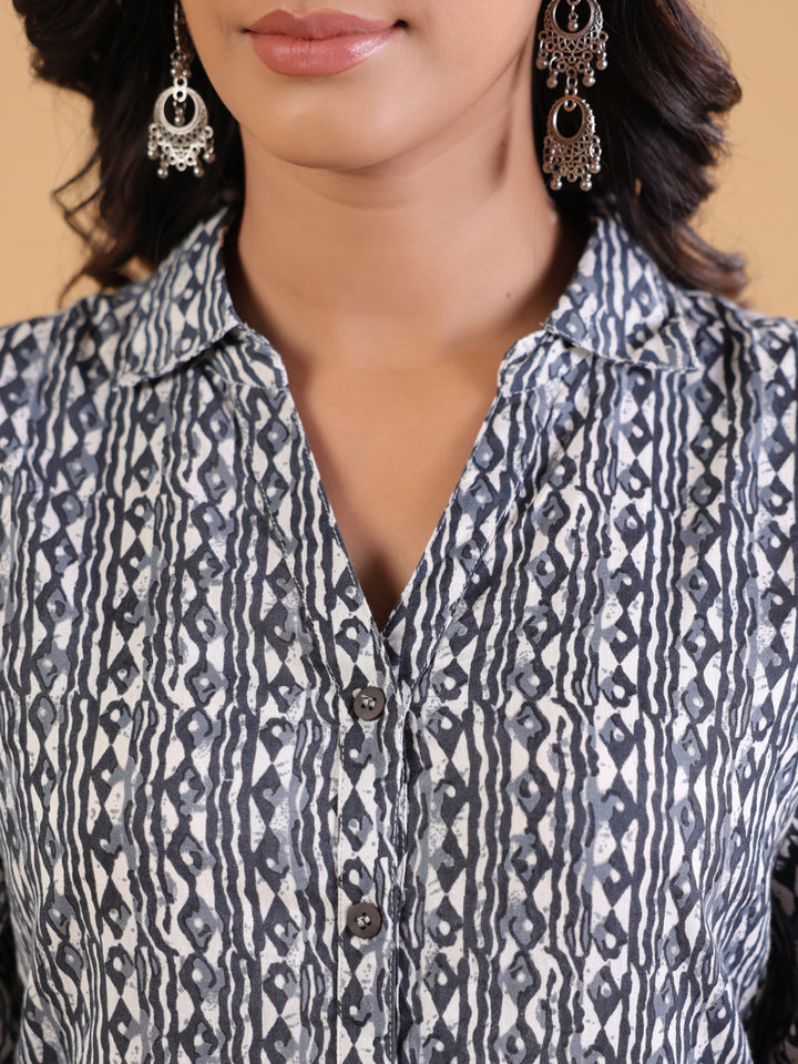 Grey Cotton Printed Shirt Collar Kurta Pant Set