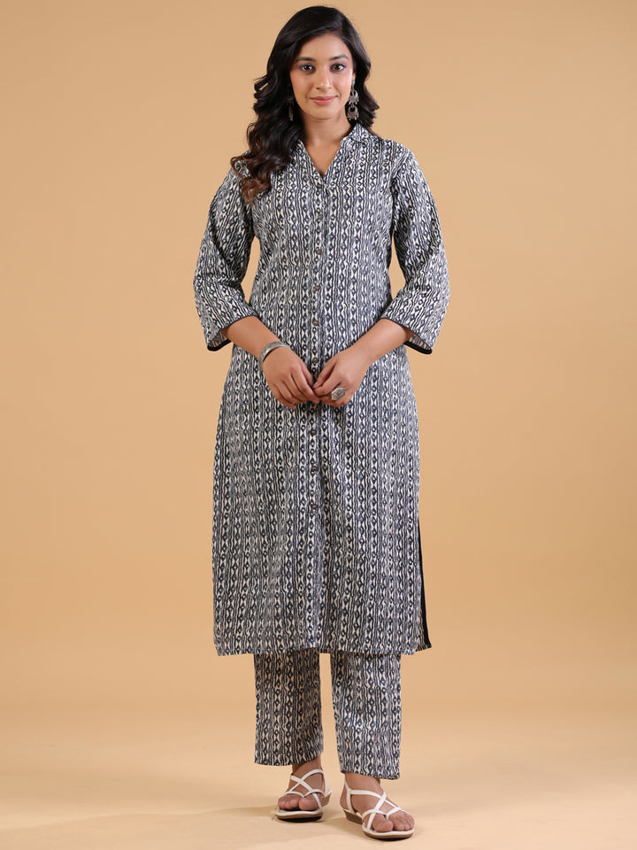 Grey Cotton Printed Shirt Collar Kurta Pant Set