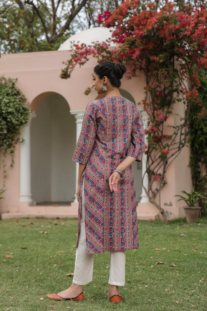 Blue Cotton Mandrin Collar Straight Kurta