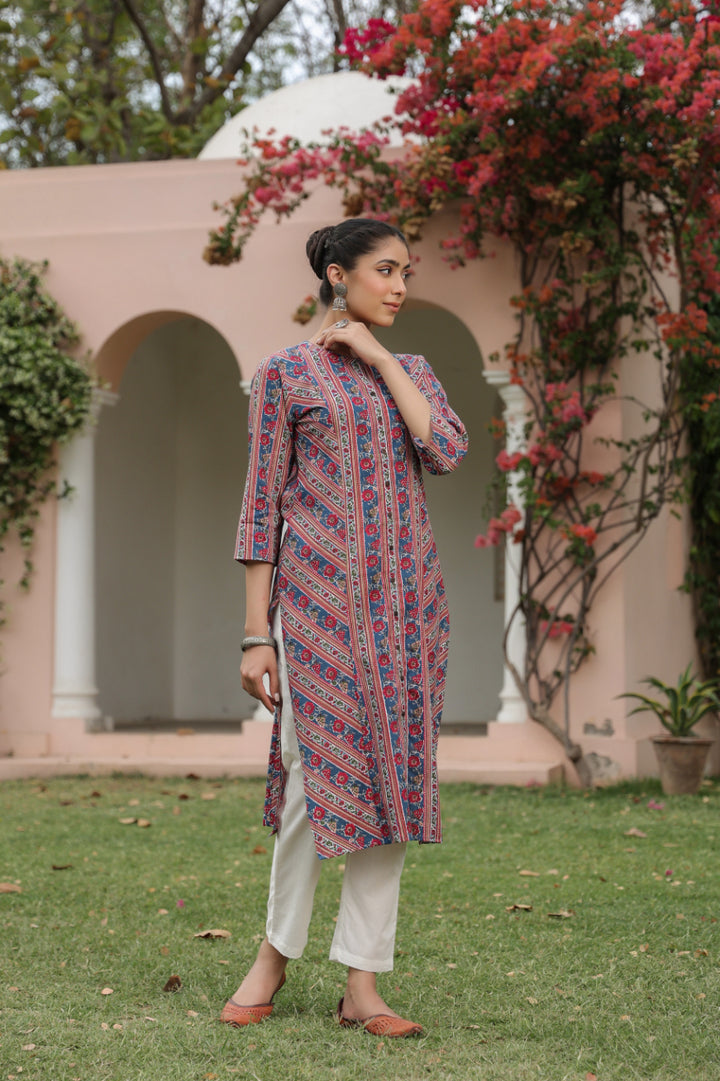 Blue Cotton Mandrin Collar Straight Kurta