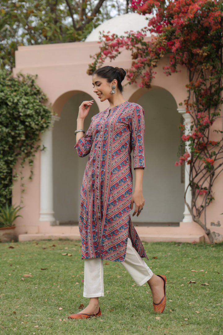 Blue Cotton Mandrin Collar Straight Kurta