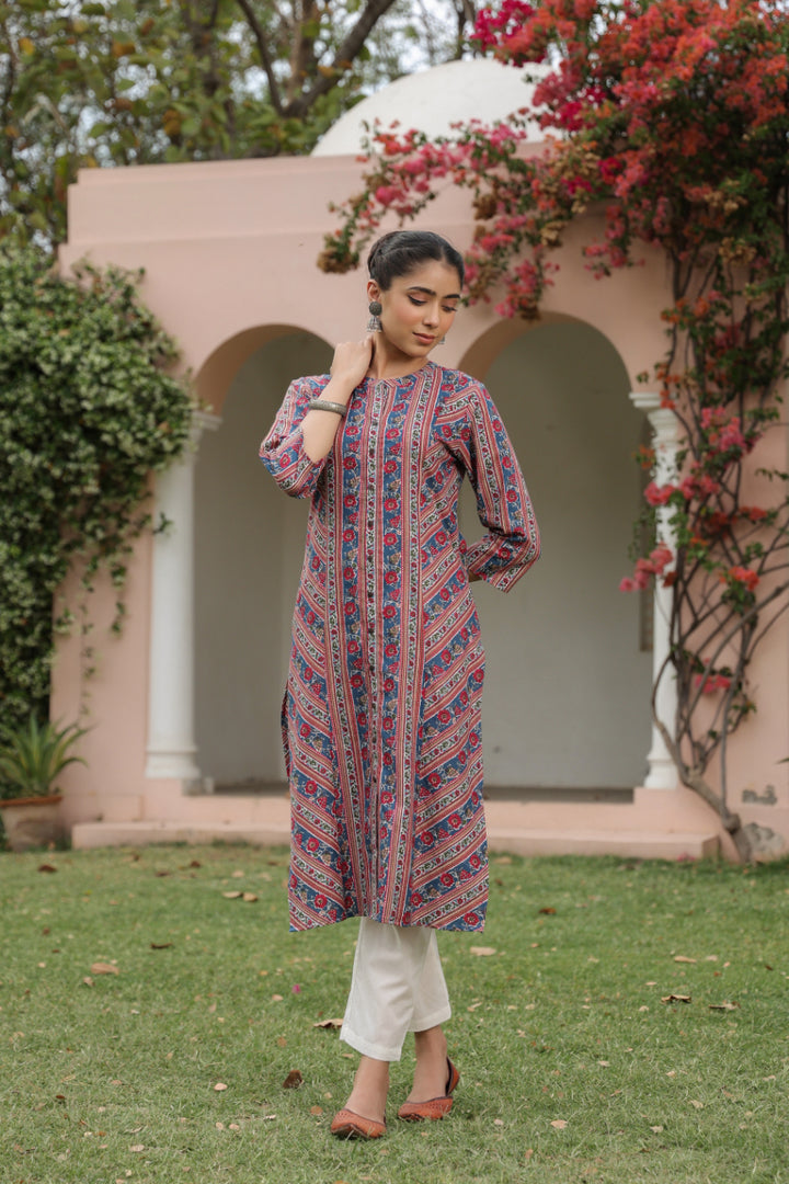 Blue Cotton Mandrin Collar Straight Kurta