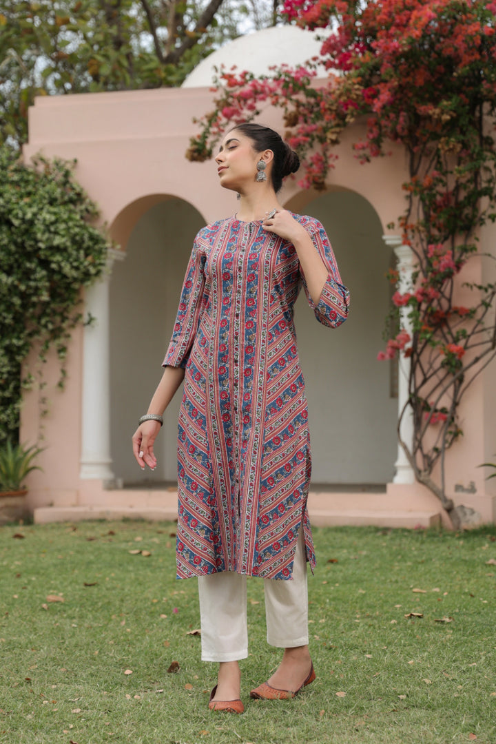 Blue Cotton Mandrin Collar Straight Kurta
