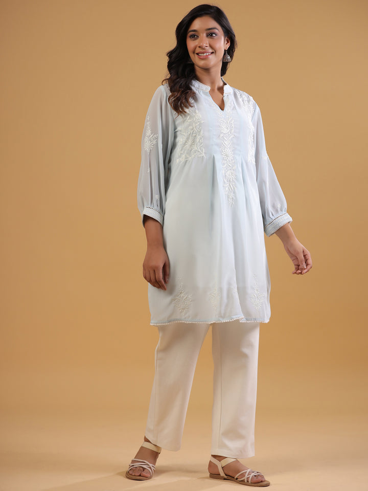 Sky Blue Embroidered Top With Spaghetti