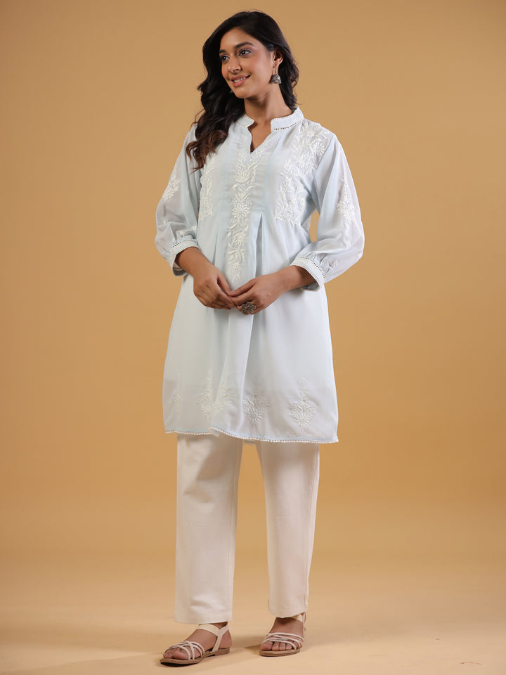 Sky Blue Embroidered Top With Spaghetti