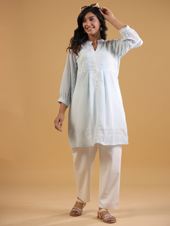 Sky Blue Embroidered Top With Spaghetti