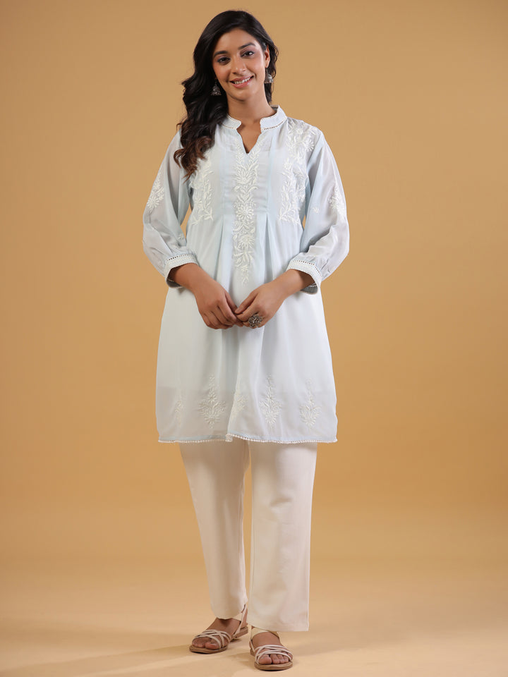 Sky Blue Embroidered Top With Spaghetti