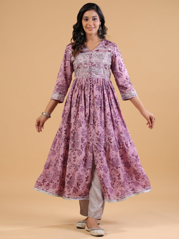 Lavender Rayon Embellished Gathered Kurta Pant Set