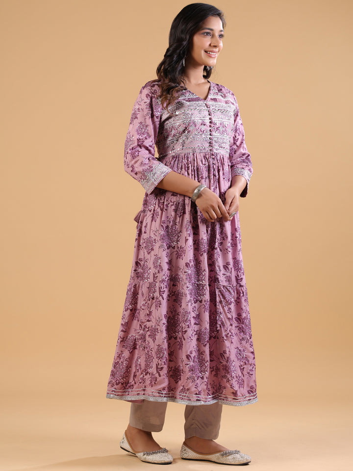 Lavender Rayon Embellished Gathered Kurta Pant Set