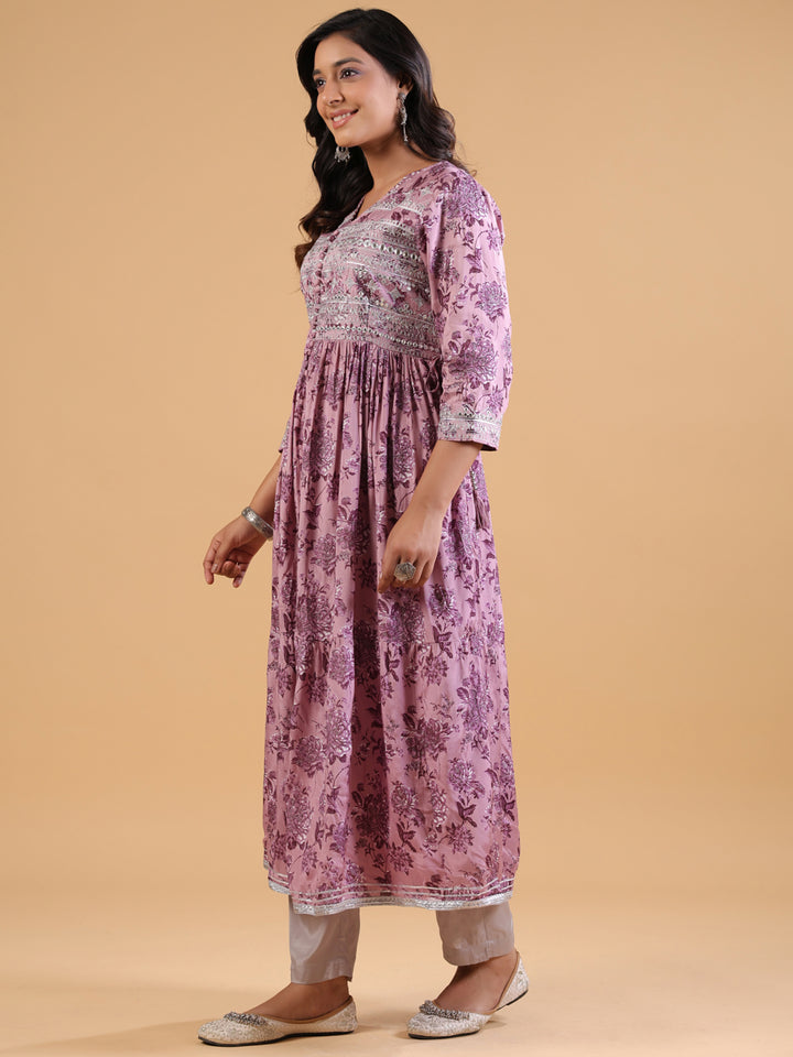 Lavender Rayon Embellished Gathered Kurta Pant Set