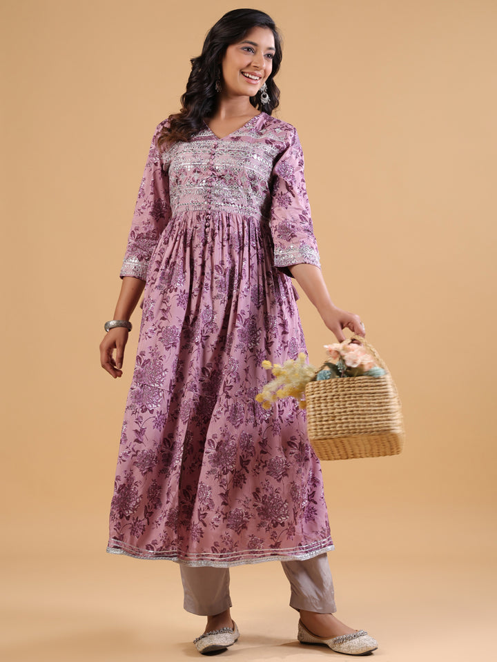 Lavender Rayon Embellished Gathered Kurta Pant Set