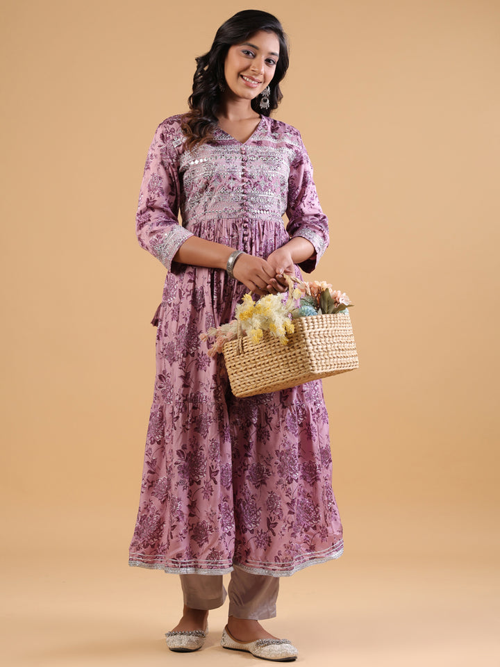 Lavender Rayon Embellished Gathered Kurta Pant Set