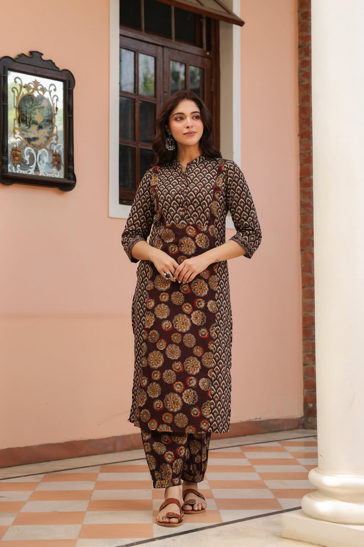 Brown Cotton Printed Kurta Pant Set