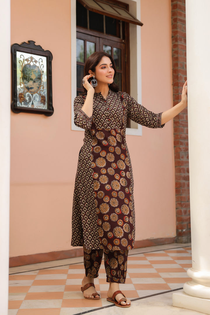 Brown Cotton Printed Kurta Pant Set