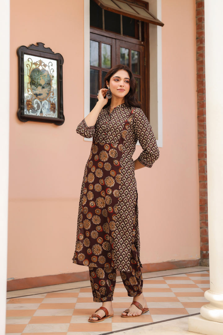 Brown Cotton Printed Kurta Pant Set