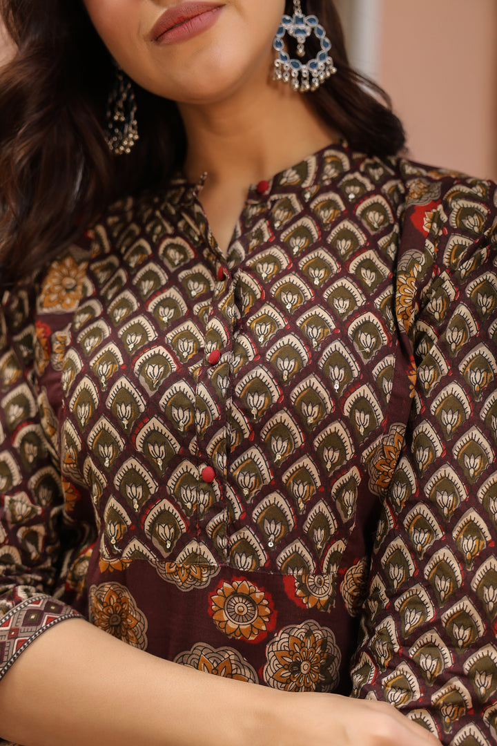Brown Cotton Printed Kurta Pant Set