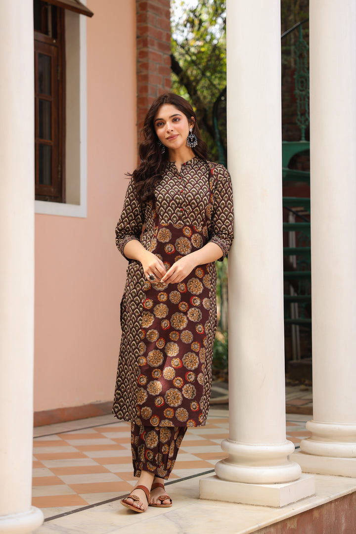 Brown Cotton Printed Kurta Pant Set